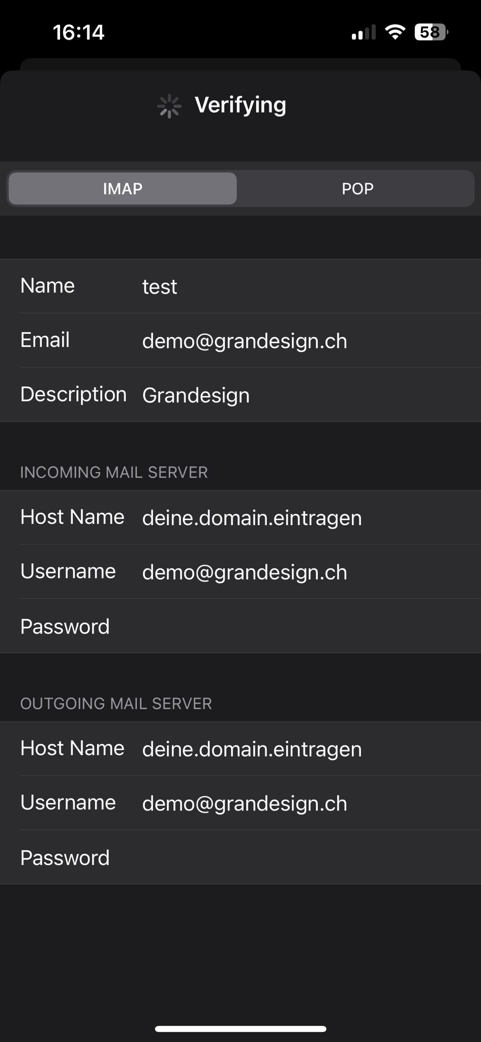 Beispiel für E-Mail Account-Einstellungen